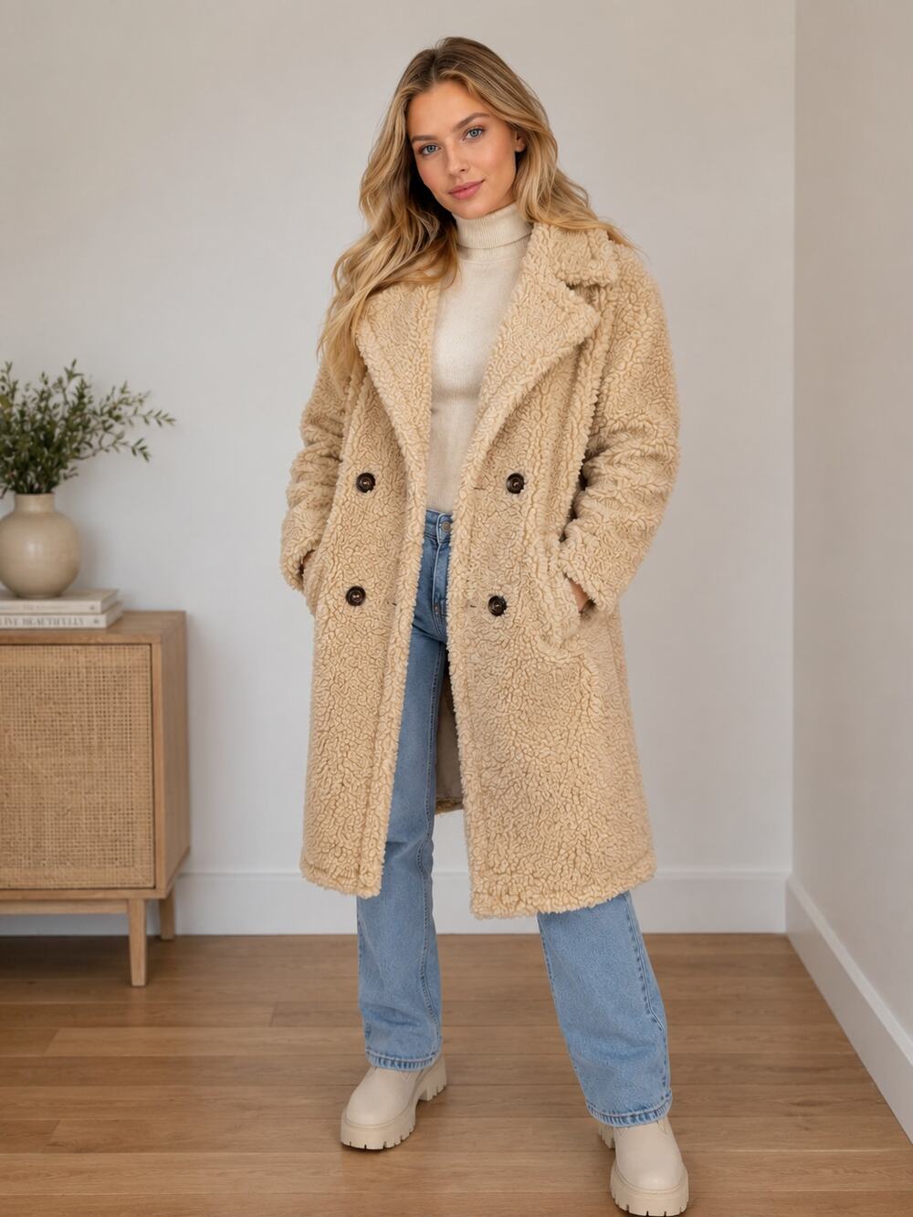 Cliche' Cream Teddy Bear Sherpa Faux Suede Lining Button Front Mid-length Coat L